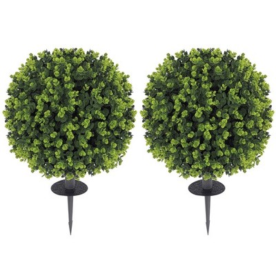 HOMCOM 2 PCs Artificial Eucalyptus Topiary Ball w/ Ground Stake, Green