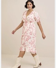 Torrid Size 1 Midi Swiss Dot Surplice Summer Dress Cream Pink Floral Paisley