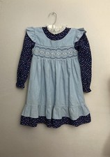 Vintage Polly Flinders Smocked Dress Size 6 Blue Long Sleeve Embroidered Floral