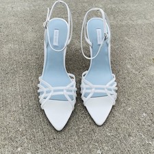 (NEW) NINE WEST White Faux Silk Strappy Rhinestone Stiletto Pointed Toe Heel 12
