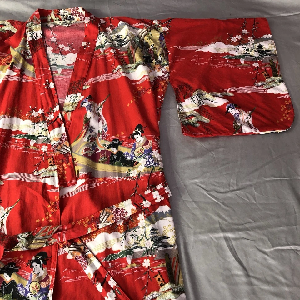 Bata Kimono 100% Algodón Estampado Geisha Floral Rojo Hecho en Japón S-M-L Con Cinturón De Colección Foto 3 de 4