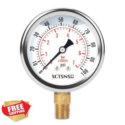 SCTSNSR 2-1/2'' 0-100 Psi Lead-Free Pressure Gauge 1/4 NPT Lower Mount
