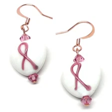Pink Ribbon Awareness Lamp Work Glass 14mm White Heart Earrings Pure Copper