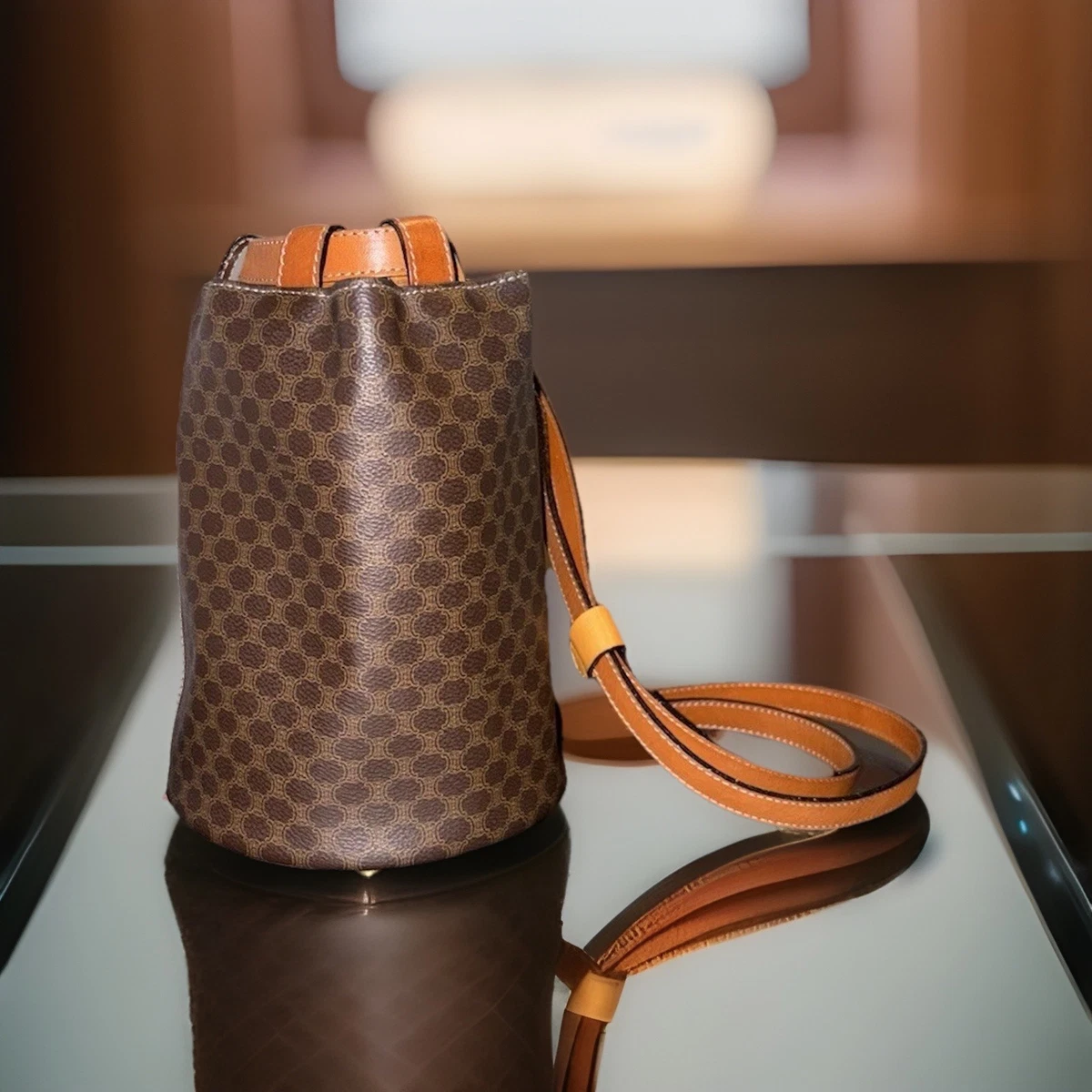Celine Vintage Macadam Blason Triomphe Pattern Leather Drawstring Mini Backpack CELINE Backpack Leather, PVC Brown Macadam Blason Triomphe  main image 4