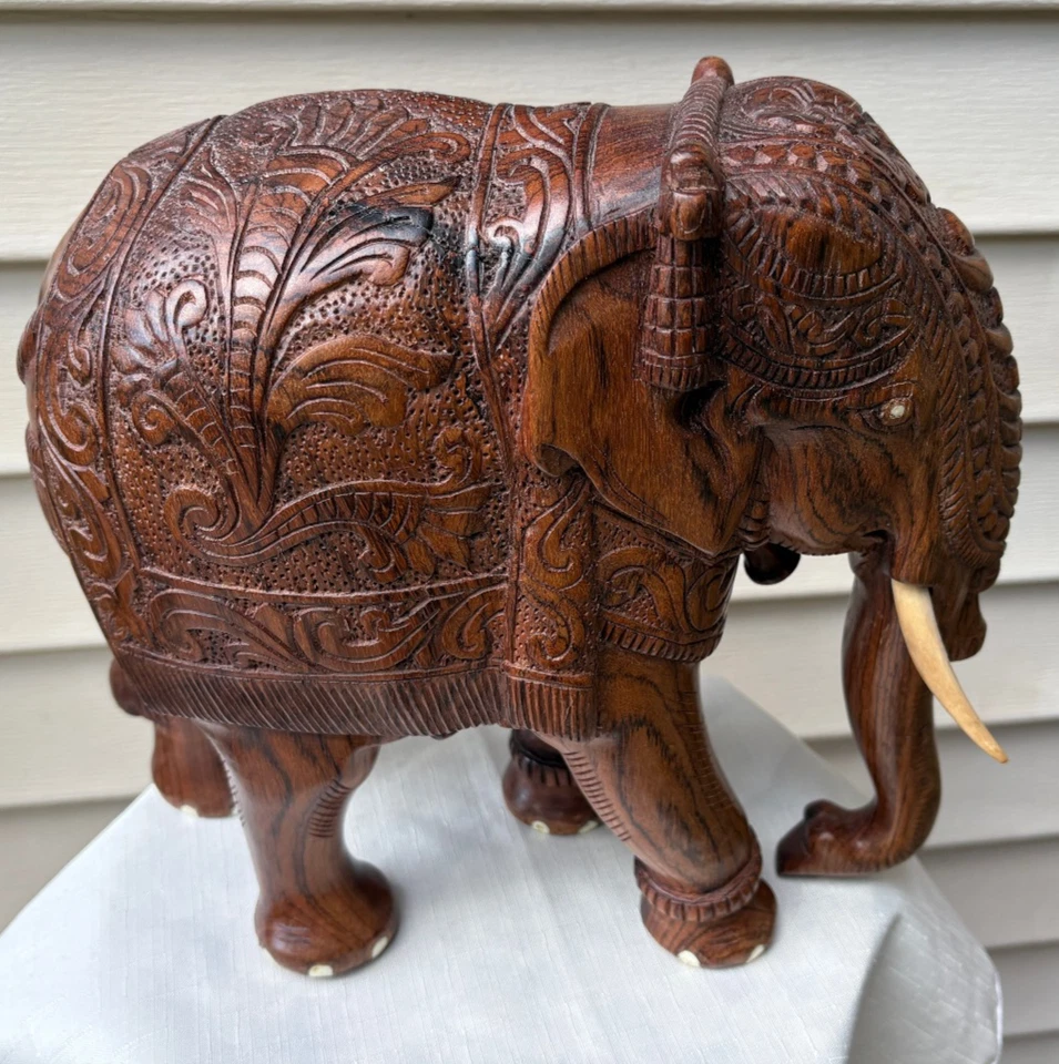 Nueva hermosa estatua grande de elefante indio de madera tallada a mano intrincada Foto 3 de 4