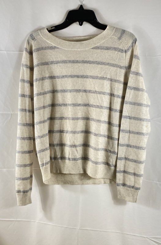 Vince Women's Striped Wool Cashmere Sweater Cream Grey Raglan Sz L NWT