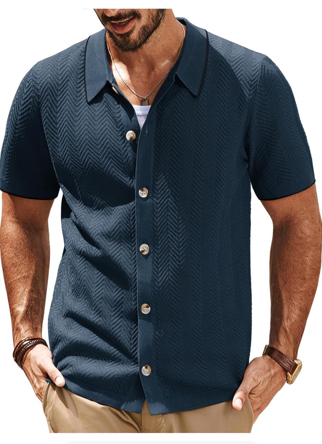 PJ PAUL JONES Knit Short Sleeve Button Down Shirt Navy Color MEN