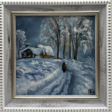 Original oil painting Winter landscape with a hut Signed miniature Size 4*4