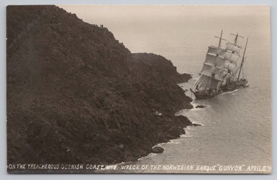 Norwegische Barke Gunvor Segelschiff Wrack kornische Küste RPPC Seefahrt Postkarte