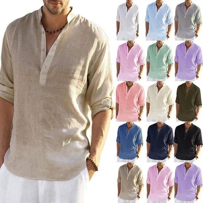 Herren Leinen-Optik Hemd Tops Freizeit Knopf T-Shirt Bluse Langarm Oberteile DE