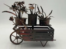 Vintage Folk Art Copper Tin Flower Cart Metal 3D Art Sculpture 