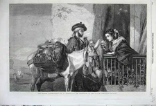 Original Old Antique Print 1860 Spanish Flower Seller Donkey Basket Woman Man