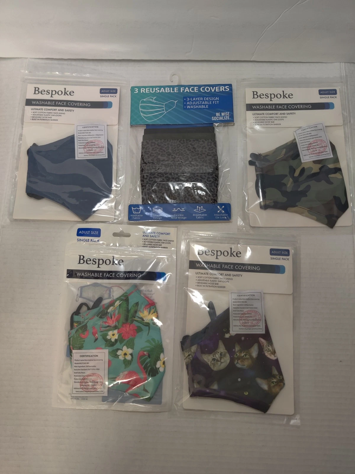 Lot Of 4 Bespoke Face Masks Covers With Prints + 1 3-Pack