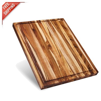 Reversible Large Teak Butcher Block 18x14 with Deep Juice Groove   Gift Included