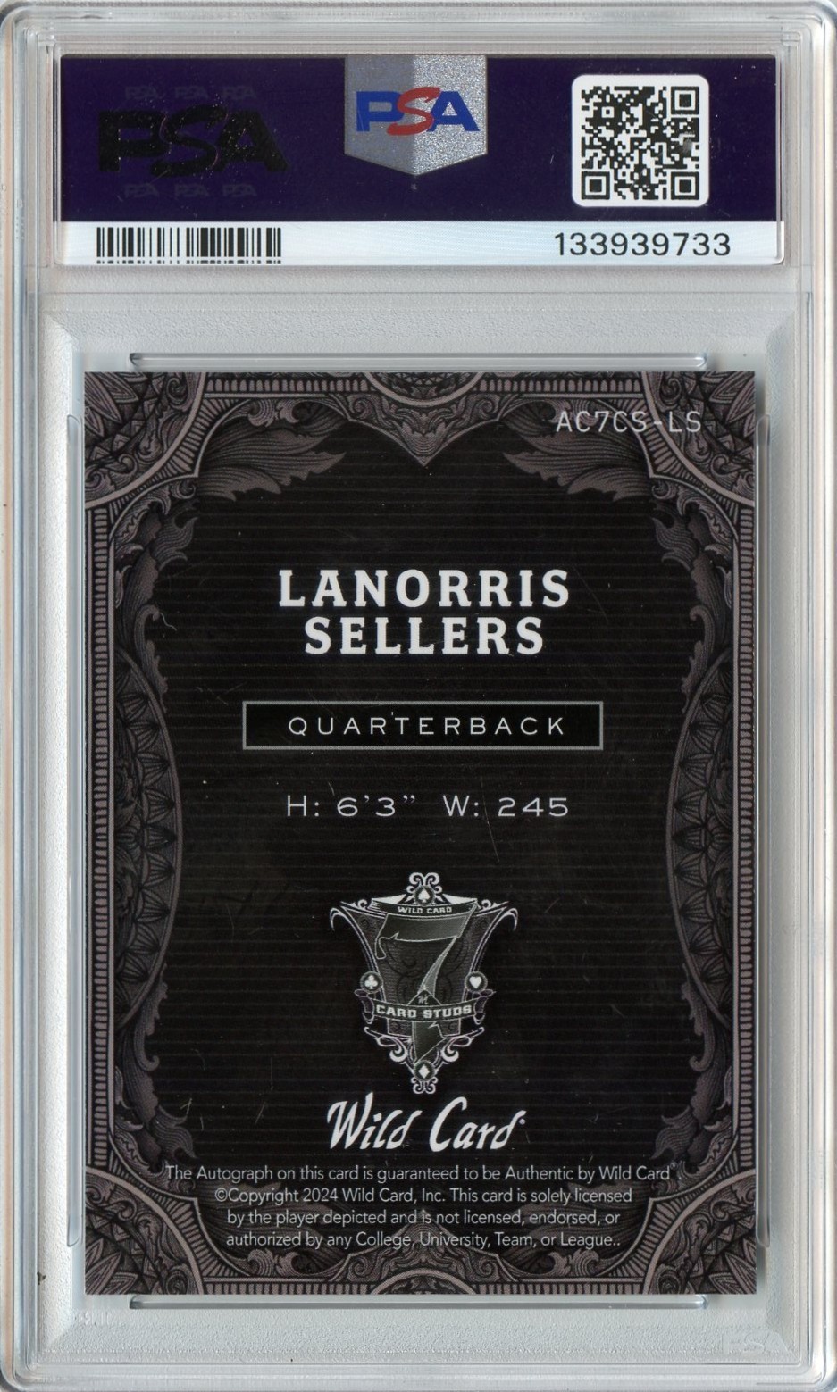 LANORRIS SELLERS 2024 WILD CARD BLACK KALEIDOSCOPE ROOKIE RC AUTO #'D 1/1 PSA 10 view 2