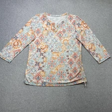 T By Talbots Shirt Womens Large Multicolor Medallion 3/4 Sleeve Ruched Hem