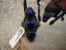 Lapis Lazuli 3 Stone Oxidized Sterling Silver Size 7 Navajo Ring 11.7 Gm