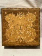 Italian Square Marquetry Inlaid Painted Wood Jewelry Trinket Box 4 3/8"