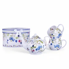 STPGOODS Wild Berries Bone China Teapot and Mug Set for 2 Persons