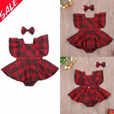 Christmas Newborn Baby Girl Ruffle Plaid Bodysuit Romper Dress Outfits Clothes