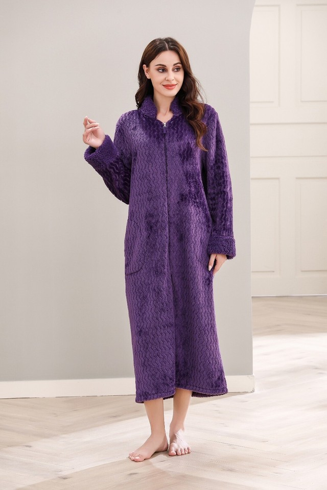 RH Women Fleece Robe Plush Long Zip Front Soft Zipper Bathrobes S-3XL ...