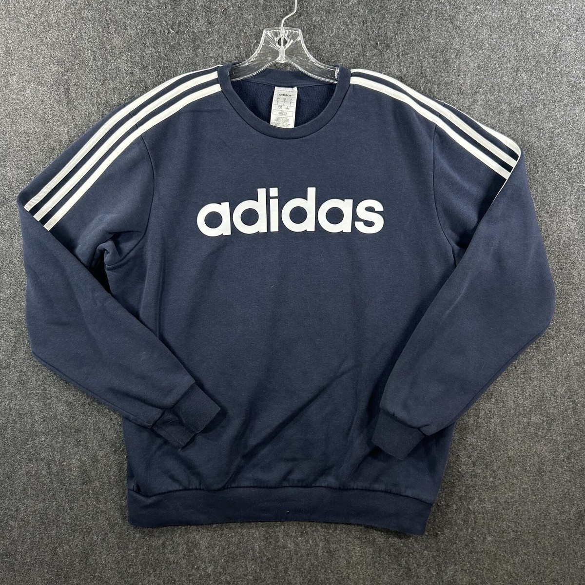 Adidas Crew Neck Sweatshirt Men’s Large Navy Blue White Essentials Stripe  Logo