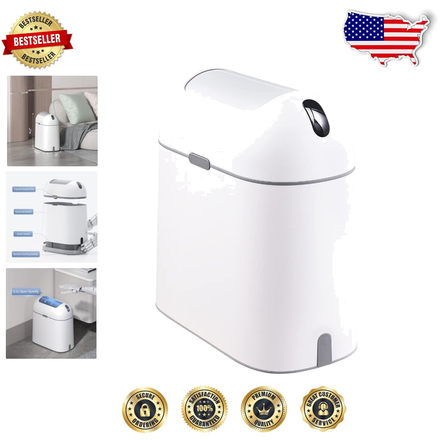 Elegant 2.5-Gallon Motion Sensor Bathroom Trash Can in White with Grey Button
