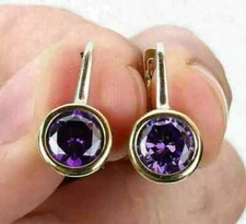 Women's Hoop Earring 14K Yellow Gold Plated 2Ct Round Cut Simulated Amethyst