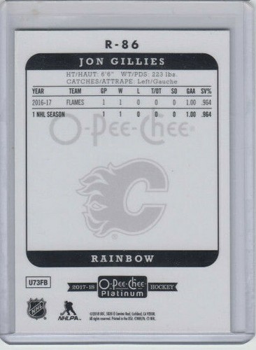 17/18 OPC Platinum Calgary Flames Jon Gillies Retro Rainbow RC card #R-86 - Picture 2 of 2