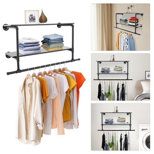 Clothes Display Rack with 2-tier Shelves, 2-tier Garment Rack, Wall Mounted Clot - Picture 13 of 20