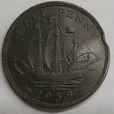 Old Coin 1939 Ship Halfpenny British