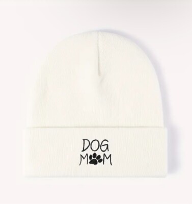 5 Star Reviewed DOG MOM White Embroidered Cuffed Beanie Hat Rescue Gift Adopt