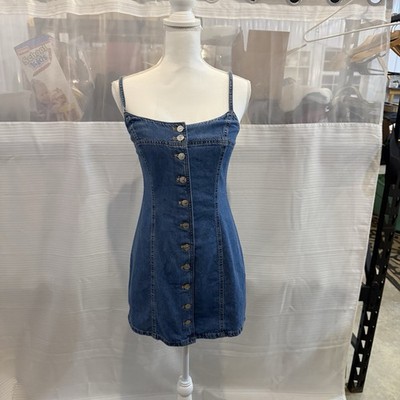 Zara Denim Mini Dress XS Blue Button Front Bodycon Spaghetti Strap Cotton