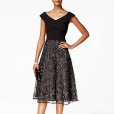 Alex Evenings Black Silver Metallic Floral Mesh Sleeveless Flare Dress Size 18W