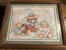 Vintage Teddy Bear Family Framed Wall Art Nursery Baby Room Pastel Pink Blue Red