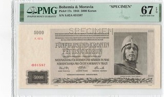 Bohemia & Moravia 5000 Korun 1944 P 17s "Specimen" PMG 67 EPQ