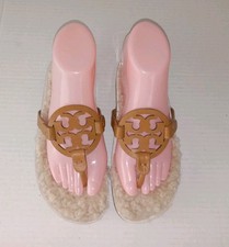 Tory Burch Miller Cloud Shearling Slip On Leather Logo Sandals Women  s Size 6