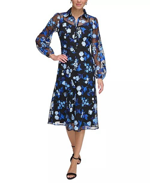 kensie embroidered dress kensie Women's Embroidered Sequin V-Neck Mesh Dress - Yellow