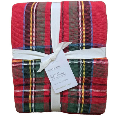 Pottery Barn STEWART TARTAN RED Holliday Plaid King Cal King Duvet Cover NWT