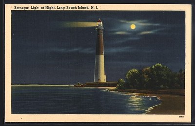 Ansichtskarte Long Beach Island, N. J., Barnegat Light at Night, Leuchtturm 