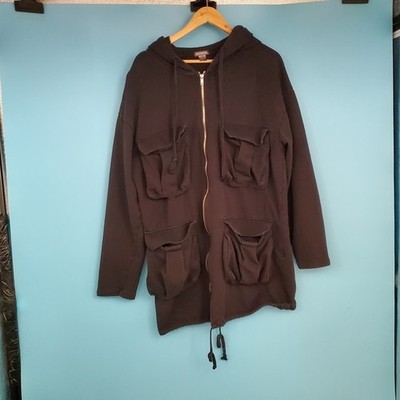 H&M Divided Jacket Women's Size Large Black Hooded Zip Front Utility Jacket