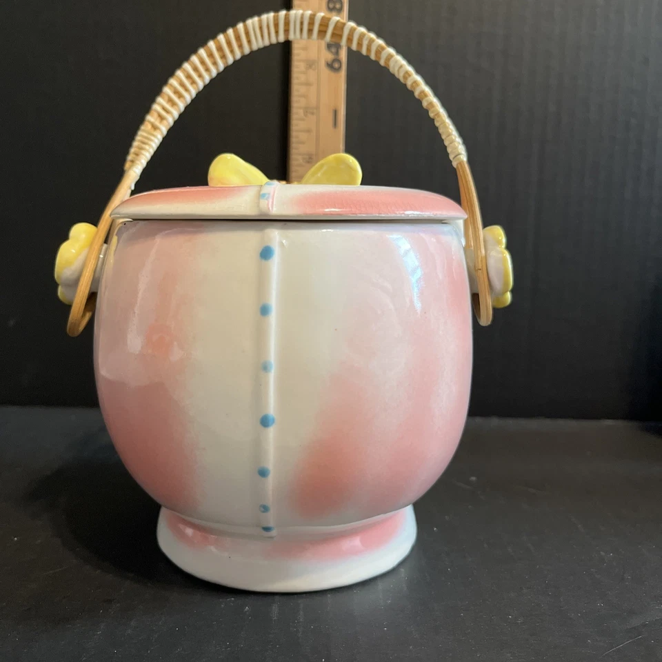 Розовая банка для печенья с ручкой из ротанга Kitty Cat японская винтажная - Изображение 3 из 4