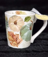 Sage Leaves & Pumpkins Coffee Mug 4.5" Thanksgiving Autumn Hill Potter's Studio