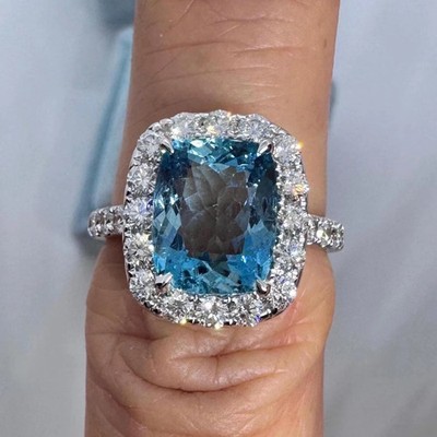 4.50 Ct Cushion Cut Natural Aquamarine Diamond Ring 14K Solid White Gold Size 7