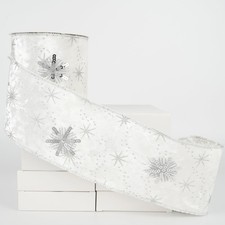 White Christmas Ribbon 4 Inch Velvet Wired With Sequin Snowflakes - Silver an...