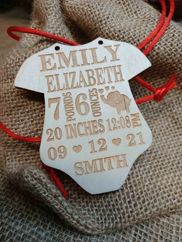 Baby Custom First Christmas Ornament Bodysuit Shape Birth Stat Xmass gift - Picture 3 of 5