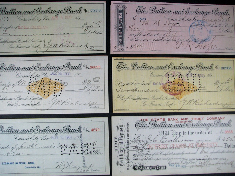 NICE group! 18861900s Revenue Bank & Checks CARSON CITY NEVADA Bullion