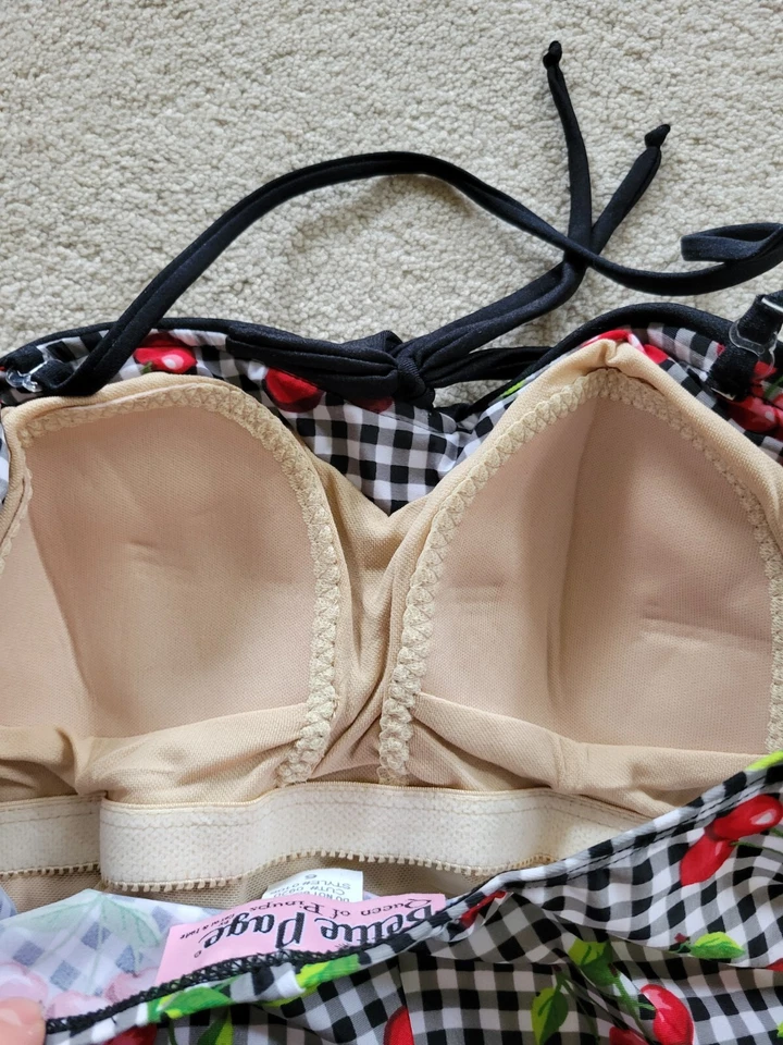 Bettie Page Pin Up Black White Gingham Cherry Print 1pc Women's Swimsuit Sz 8 - Image 4 of 4