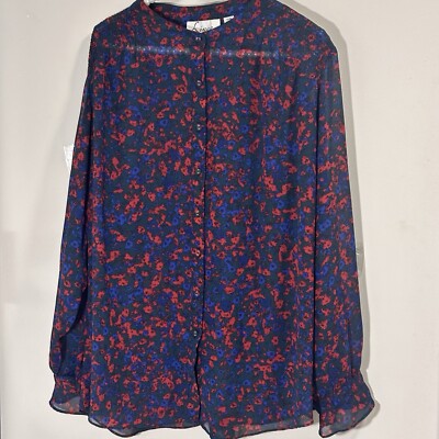 Linea by Louis Dell'Olio Blouse 18W Blue Red Green Print Button front elegant