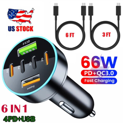 Fast Car Charger USB Cigarette Lighter Socket 6 Port For Samsung S24 S23 S22 S21
